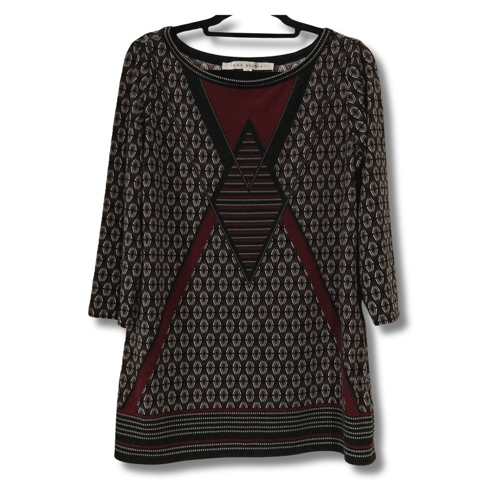 MAX STUDIO Geometric print black burgundy 3/4th sleeve top ~ XS SMALL goth shirt